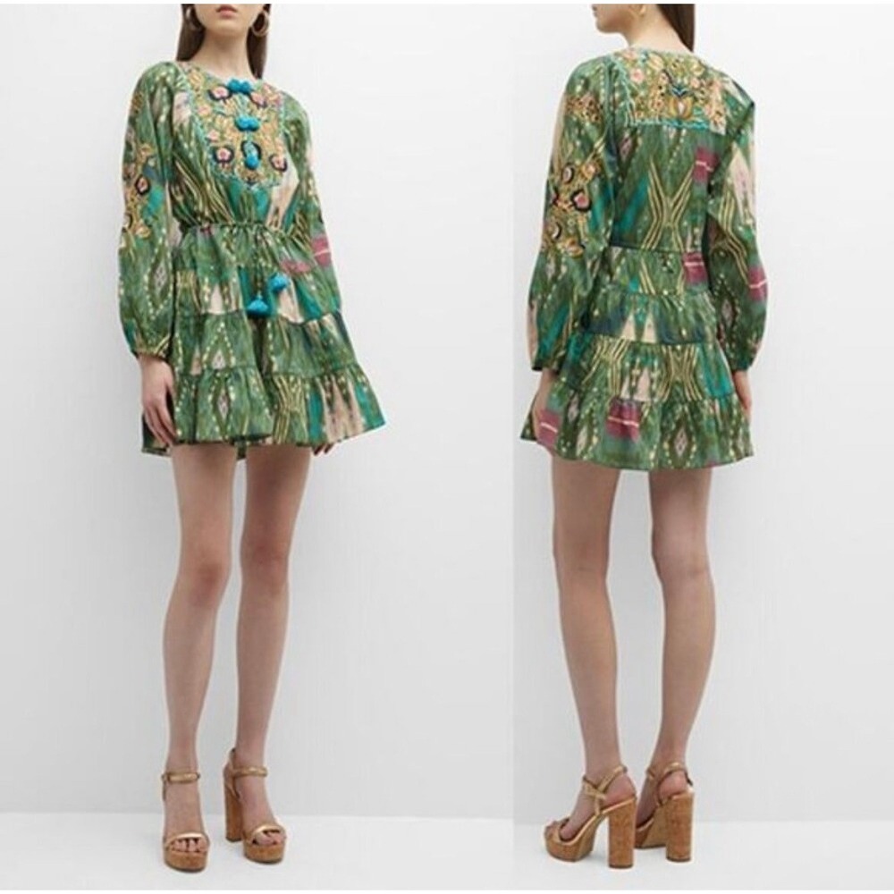 Figue Josie Embroidered Mini Dress Ikat Print Green XS
